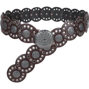 Women Vintage Disc Waist Concho Leather Belt Boho Waist Belt Coffee Black Buckle